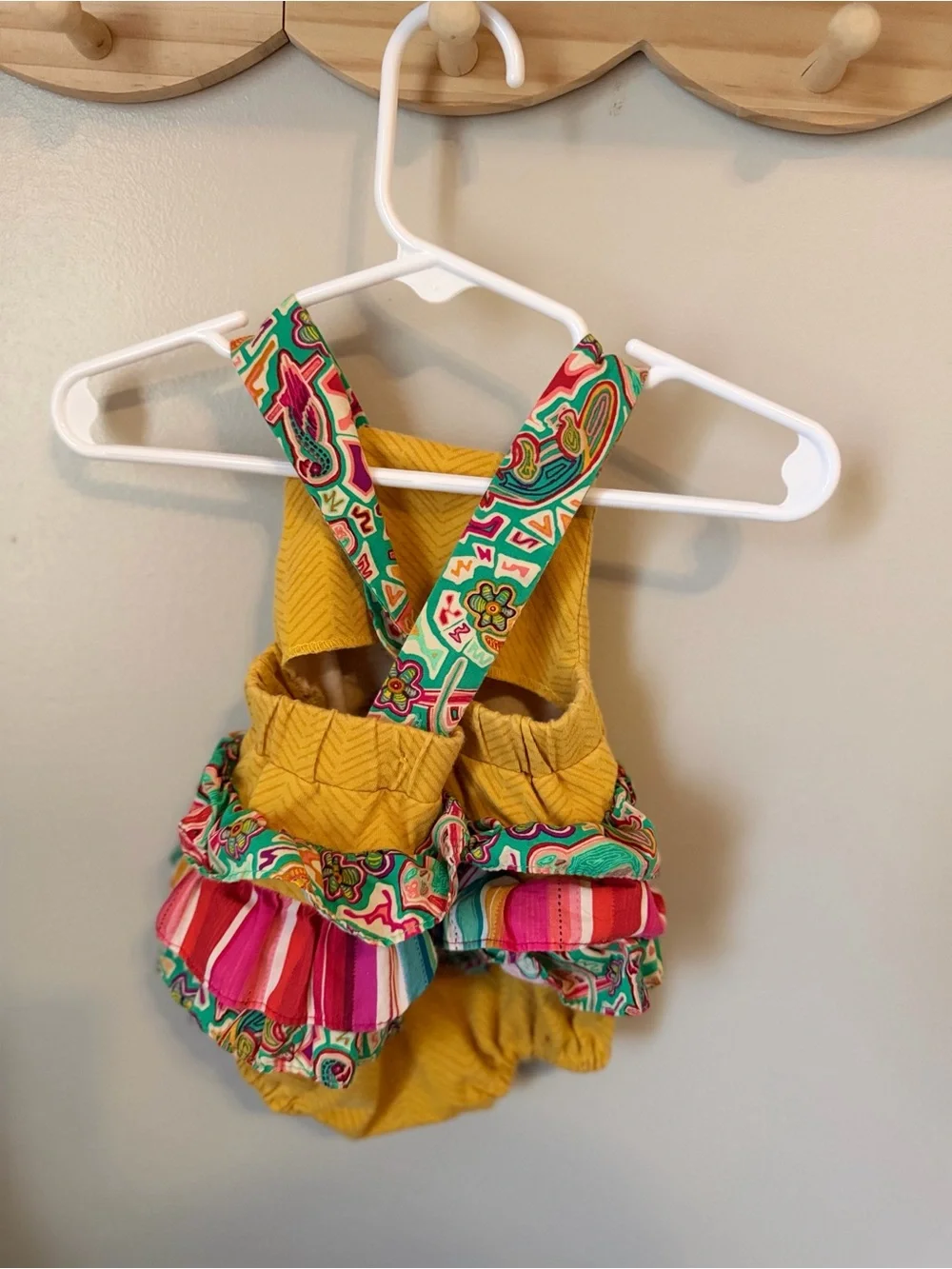Ricrac & Ruffles Girls 0-3M Yellow Koala Embroidered Ruffle Romper Sleeveless
